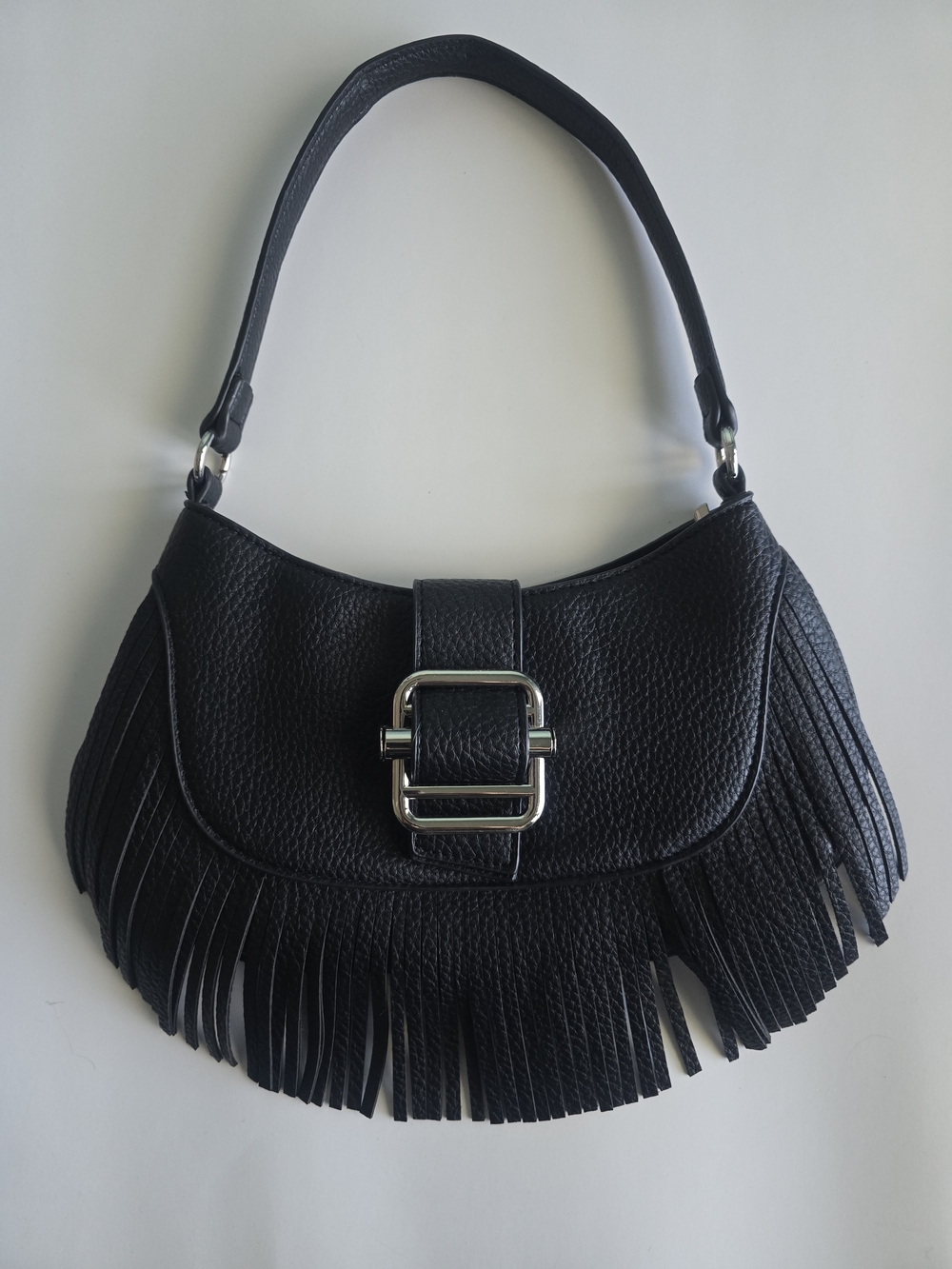 Black Fringe Leather-Like Shoulder Bag